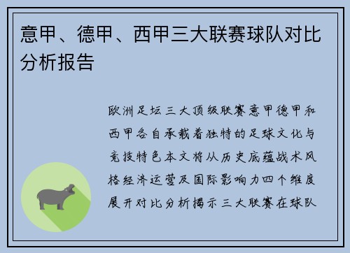 意甲、德甲、西甲三大联赛球队对比分析报告