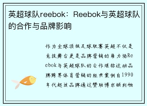 英超球队reebok：Reebok与英超球队的合作与品牌影响