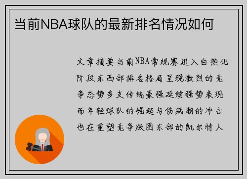 当前NBA球队的最新排名情况如何